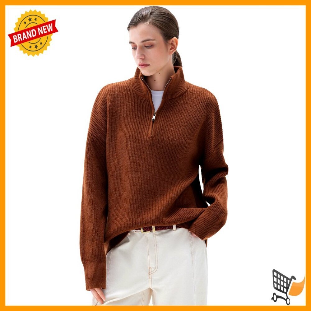 Oversized Cashmere Blend Quarter Zip Pullover Sweater Chunky Knit Cozy Minimal - Picture 1 of 7